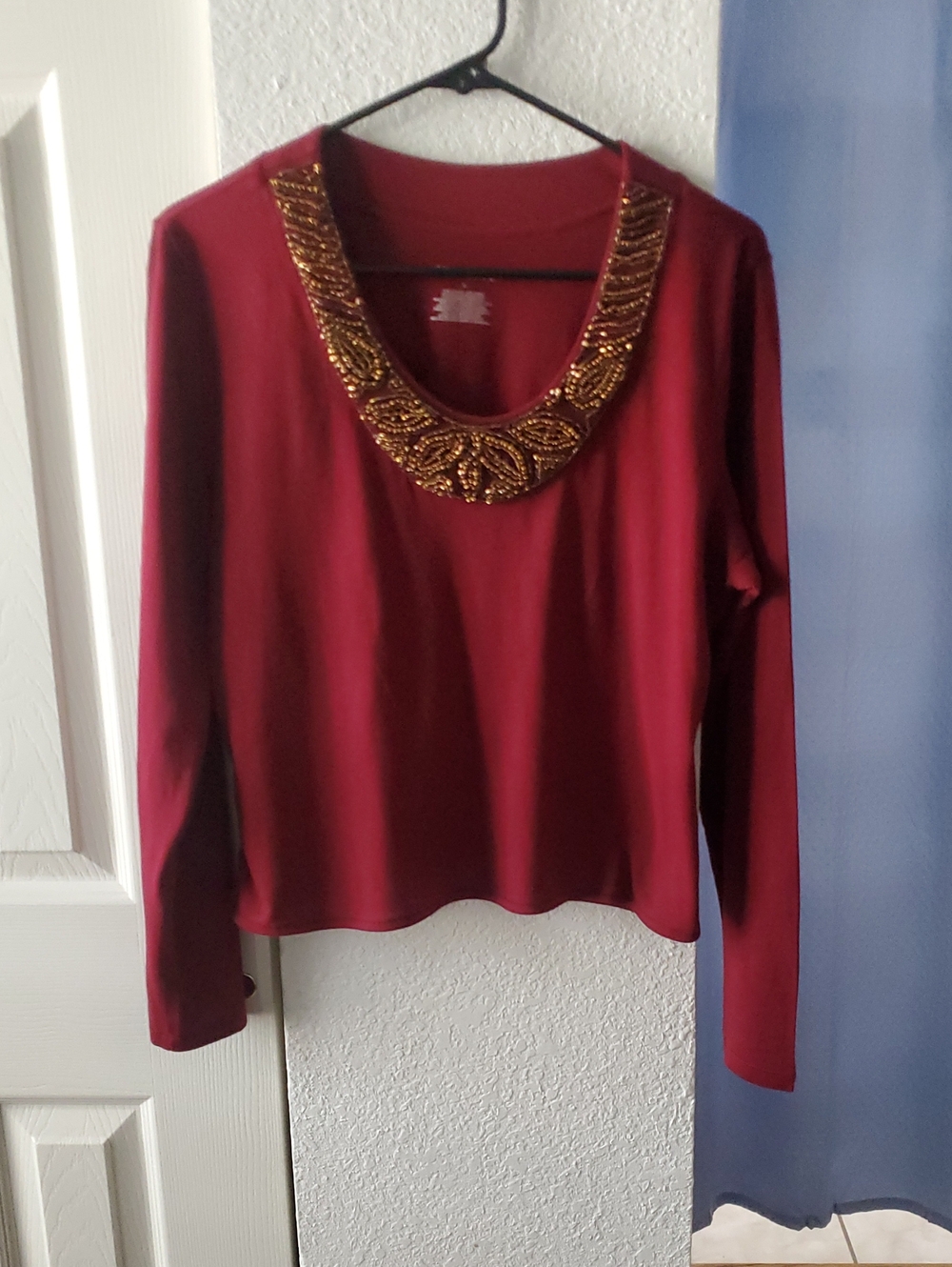 Merona Wine Red Long-Sleeve Top with Gold Beaded Scoop Neck